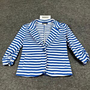 Grass Collection Blazer Jacket Womens S Blue White Notch Lapel Ruched 3/4 Sleeve